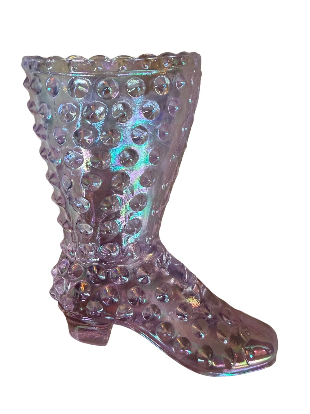 Y2K Fenton Iridescent Glass Hobnail Boot Pink Lavender 2000s Signed Art Glass